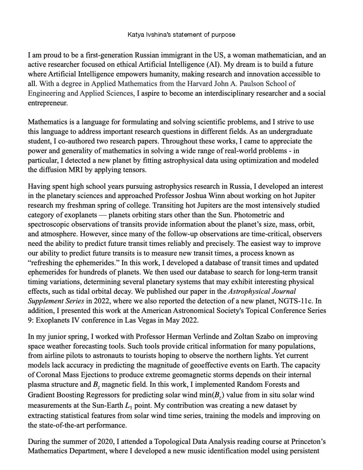 My Statement of Purpose, page 1 of 2