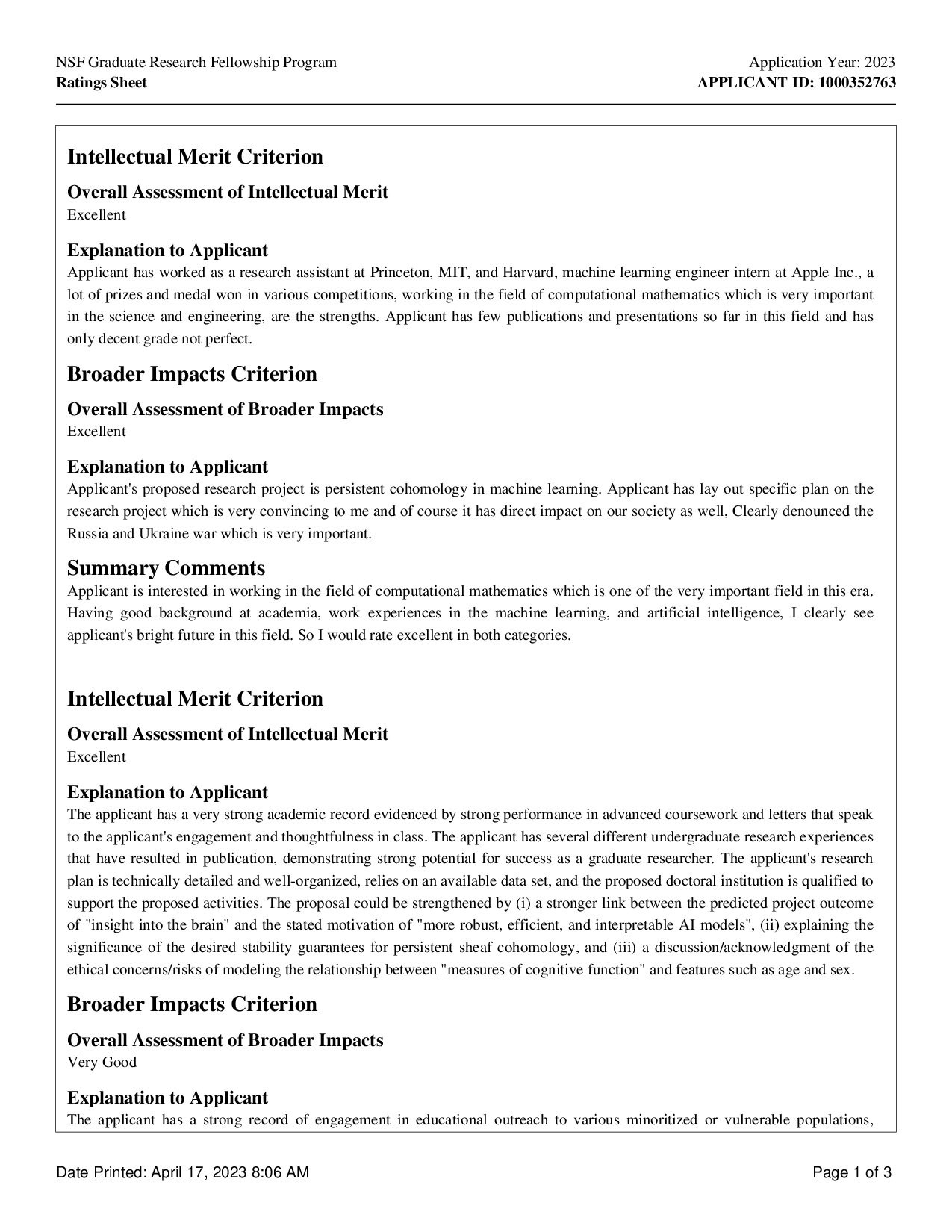 Reviewer Feedback on My NSF Application, page 1 of 3